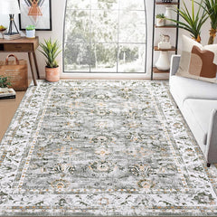 Garvee 9x12 Area Rug Large Vintage Distressed Floral Machine Washable Area Rug for Living Room Traditional Medallion Non-Slip Stain Resistant Accent Rug Carpet for Home Decoration, Grey