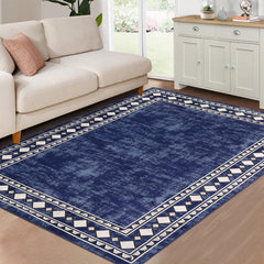 GARVEE Bedroom Rug 4x6 Washable Rug Geometric Bordered Area Rugs for Living Room Modern Office Floor Carpet Minimalist Abstract Area Rugs Low Pile Non Slip Blue