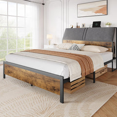 GARVEE Queen Bed Frame with Charging Station, Metal Platform Bed with Ergonomic Large Storage Headboard, Metal Slats Support, Noise-Free, No Box Spring Needed, Rustic Brown