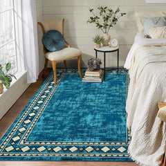 GARVEE Bedroom Rug 4x6 Washable Rug Geometric Bordered Area Rugs for Living Room Modern Office Floor Carpet Minimalist Abstract Area Rugs Low Pile Non Slip Sapphire Blue