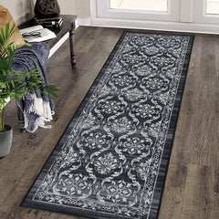 GARVEE Runner Rug 2x6 Washable Rug Oriental Floral Runner Rug Boho Distressed Accent Rug Non-Slip Entryway Rug Living Room Runners Low Pile Non-Shedding Thin Floor Carpet for Home Floor Decor Black