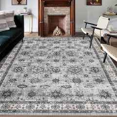 GARVEE 5 * 7ft Vintage Area Rug - Washable Stain Resistant, Traditional Distressed Mat, Retro Floral Print, Non-Slip, Foldable Thin Carpet for Living Room, Dining Room, Office.Gray Tone