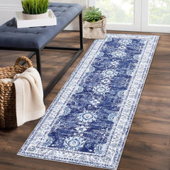 Garvee Runner Rug 2x6 Feet Washable Vintage Medallion Floral Hallway Runner, Non-Slip Stain Resistant Area Rug Traditional Distressed Kitchen Mat Entryway Carpet Runner for Bedside, Navy