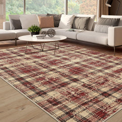 NANAN Living Room Rug 9x12 Large Washable Rugs for Bedroom Modern Plaid Office Floor Carpet Distressed Rug Low Pile Farmhouse Area Rug Non Slip Checkered Floor Cover Red