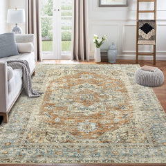 GARVEE Washable Rugs for Living Room 3x5 Rug Non Slip Rubber Backing Vintage Medallion Design Boho Distressed Area Rug Floor Mat Low Pile Rugs for Bedroom Dining Room Laundry Nursery Rug Orange 3'x5'