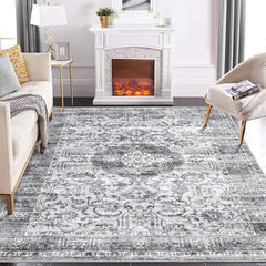 GARVEE Area Rugs 9x12 Living Room Washable Rug Vintage Medallion Rug Indoor Distressed Print Rug Soft Non Slip Throw Carpet Oriental Aesthetic Rug Boho Foldable Thin Rug for Bedroom Home Office Grey