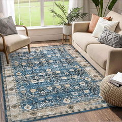 Garvee Oriental Area Rug 3x5 Machine Washable Floor Rug Vintage Entrance Rug Retro Oriental Floral Rug Soft Indoor Distressed Carpet for Living Room Bedroom Nursery Low Pile Non-Slip Foldable Rug Blue