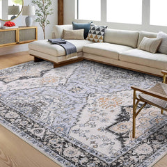 GarveeHome 8x10 Rug Washable Rug Boho Rug Soft Large Area Rug Non Slip Vintage Rug Indoor Low Pile Accent Rug Oriental Aesthetic Rug Throw Carpet for Living Room Bedroom Dining Room Office Blue