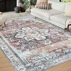 GARVEE Washable Rug 6x9 Medallion Rug Vintage Floral Print Carpet Oriental Distressed Floor Cover for Living Room Bedroom Home Office Non-Slip Foldable Thin Rug Low Pile Accent Boho Rug, Rust