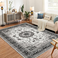 GARVEE Washable Vintage Area Rug - 9x12 Traditional Oriental Medallion Floral Design, Stain Resistant Indoor Print Carpet for Entryway Bedroom Living Room Office Kitchen, Kid & Pet Friendly, Grey