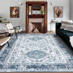 GARVEE Washable Rug 9x12 Vintage Oriental Rug Non Slip Indoor Carpet Ultra-Thin Stain Resistant Area Rug Low Pile Distressed Vintage Soft Carpet for Living Room Bedroom, Blue