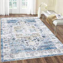 GARVEE Area Rug 4x6 Washable Rug Blue Vintage Distressed Area Rugs Indoor Floor Cover Carpet Rug Soft Velvet Mat Foldable Accent Rug for Living Room Bedroom Dining Room, 4'x6', Blue