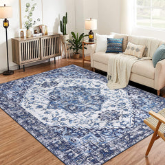 GARVEE Vintage Area Rug for Living Room, 8x10 Low-Pile Machine Washable Rug, Non-Shedding Ultra-Thin Stain Resistant Indoor Floor Rugs with Non Slip Rubber Backing for Dining Room Bedroom, Blue