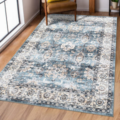 GARVEE Washable Rug Large Living Room Vintage Distressed Area Rug 8x10 with Non-Slip Rubber Backing Indoor Throw Oriental Accent Floor Cover Carpet for Bedroom Nursery Home Office, Blue