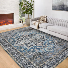 GARVEE Washable Area Rug 4x6 Boho Rug Vintage Rug Indoor Floor Cover Grey Multi Print Distressed Carpet Lightweight Foldable Accent Rug Kitchen Living Room Bedroom Dining Room