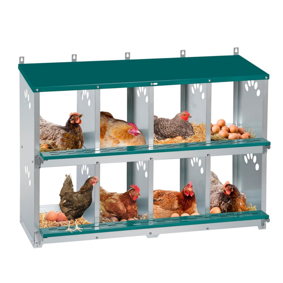 GARVEE Nesting Boxes for Chickens, 8 Compartment Roll Out Away Chicken Nesting Boxes for Laying Eggs, Nesting Gift Boxes for Hens Duck Poultry, Metal Heavy Duty Chicken Coop with Perch, Green