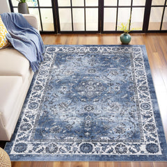 GARVEE Blue Area Rugs - Vintage Rug 8x10 for Living Room, Washable Area Rug Non-Slip Soft Vintage Low Pile Large Rug for Living Room, Bedroom, Farmhouse, Dining Room, Kids Playroom