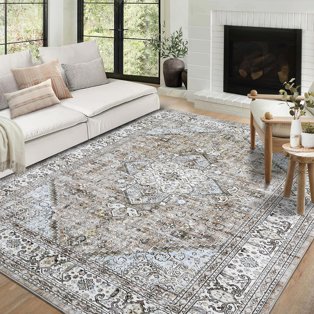 GARVEE 9x12 Area Rug Large Vintage Distressed Machine Washable Area Rug for Living Room Traditional Medallion Floral Non-Slip Stain Resistant Accent Rug Carpet for Home Decoration, Taupe