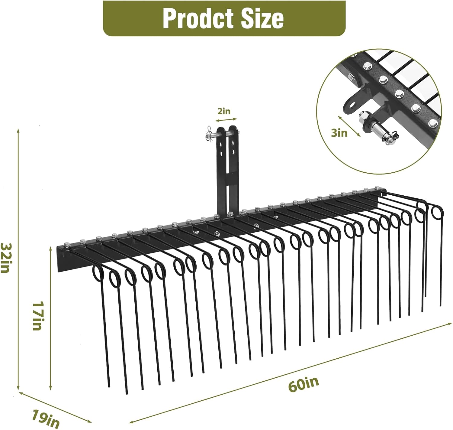 GARVEE 60" Pine Straw Rake Updated Version  - 8mm Tines, Steel Tow Behind for Cat 0/1 Tractors - Ideal for Leaves & Grass, Black