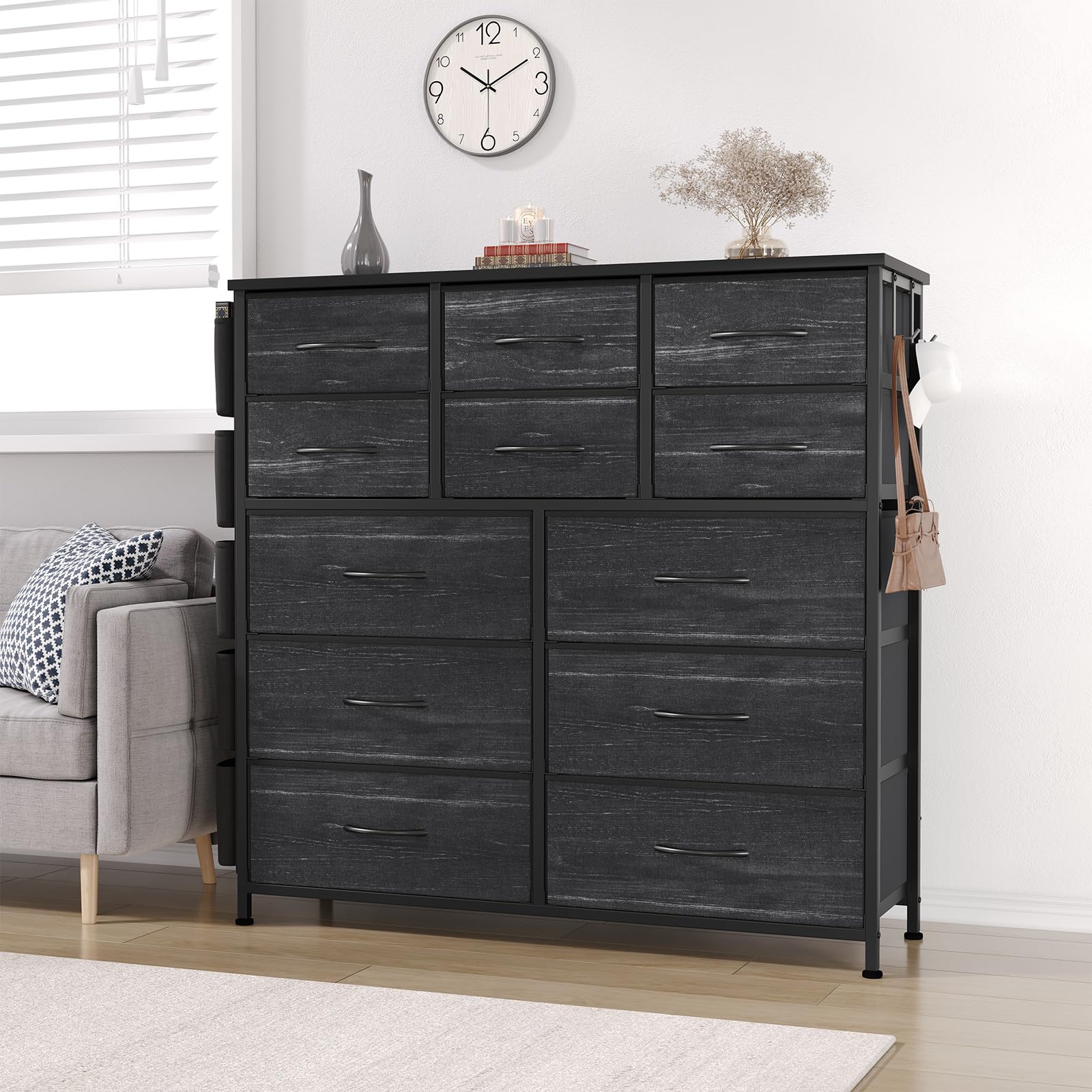 GARVEE 12 Drawer Dresser for for Bedroom, Fabric Dressers & Chest of Drawers Tall Dressers for Bedroom Closet, Clothes, Wooden Top, Sturdy Metal Frame - Charcoal Black