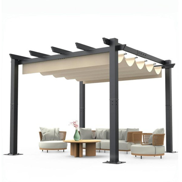 GARVEE 10x10 Ft Outdoor Aluminum Pergola with Upgraded Retractable Canopy, Outdoor Shelter Suitable for Gardens, Backyard, Lawn, Deck - Khaki.