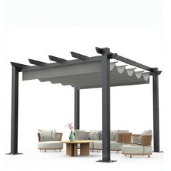 10'X 10' Outdoor Pergola with Retractable Sun Shade Canopy, Aluminum Garden Pergola, Patio Metal Shelter for Porch Yard BBQ Beach Grape Trellis-Grey