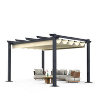10'X 13' Outdoor Pergola with Retractable Sun Shade Canopy, Aluminum Garden Pergola, Patio Metal Shelter for Porch Yard BBQ Beach Grape Trellis-Khaki