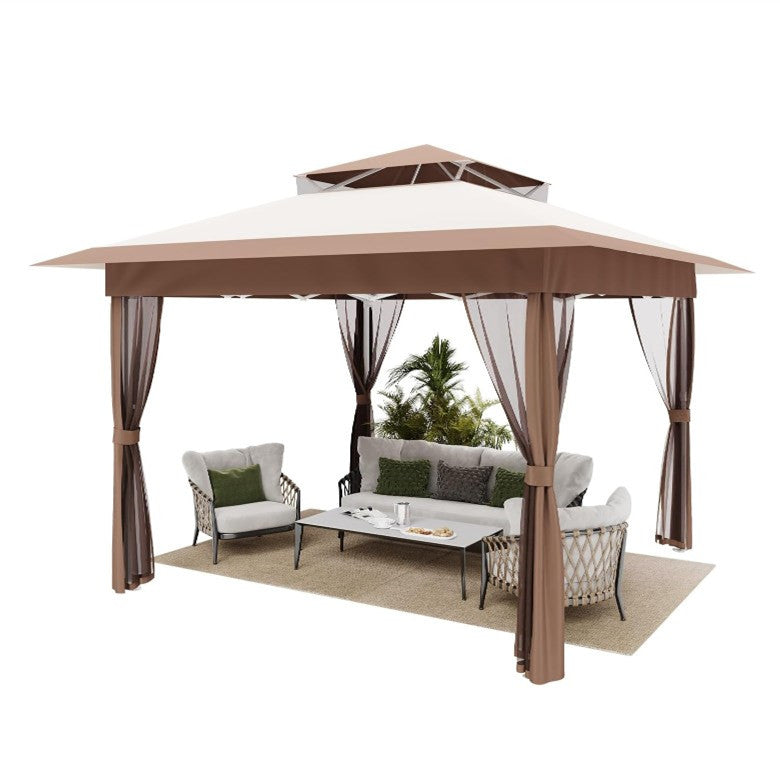 GARVEE Petyee Pop Up Gazebo Patio Gazebo 11x11 Outdoor Gazebo with Mosquito Netting Outdoor Canopy Shelter with Double Roof Ventiation 121 Square Feet of Shade for Lawn, Garden, Backyard and Deck, Brown