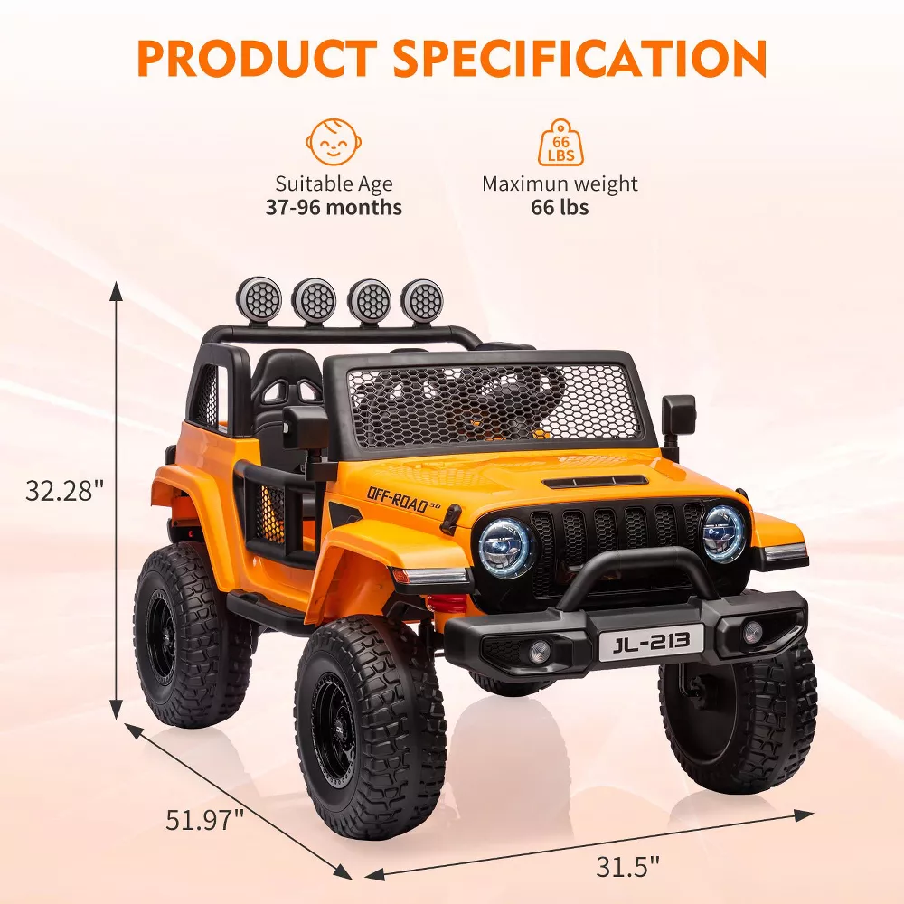 GARVEE 24V 7AH Kids Ride on Truck Car 2 Seater Electric Vehicles for Toddles 2WD/4WD Switchable Battery Powered Cars with Remote Control, 4-Wheeler Suspension, LED Lights, MP3, Back Storage - Orange