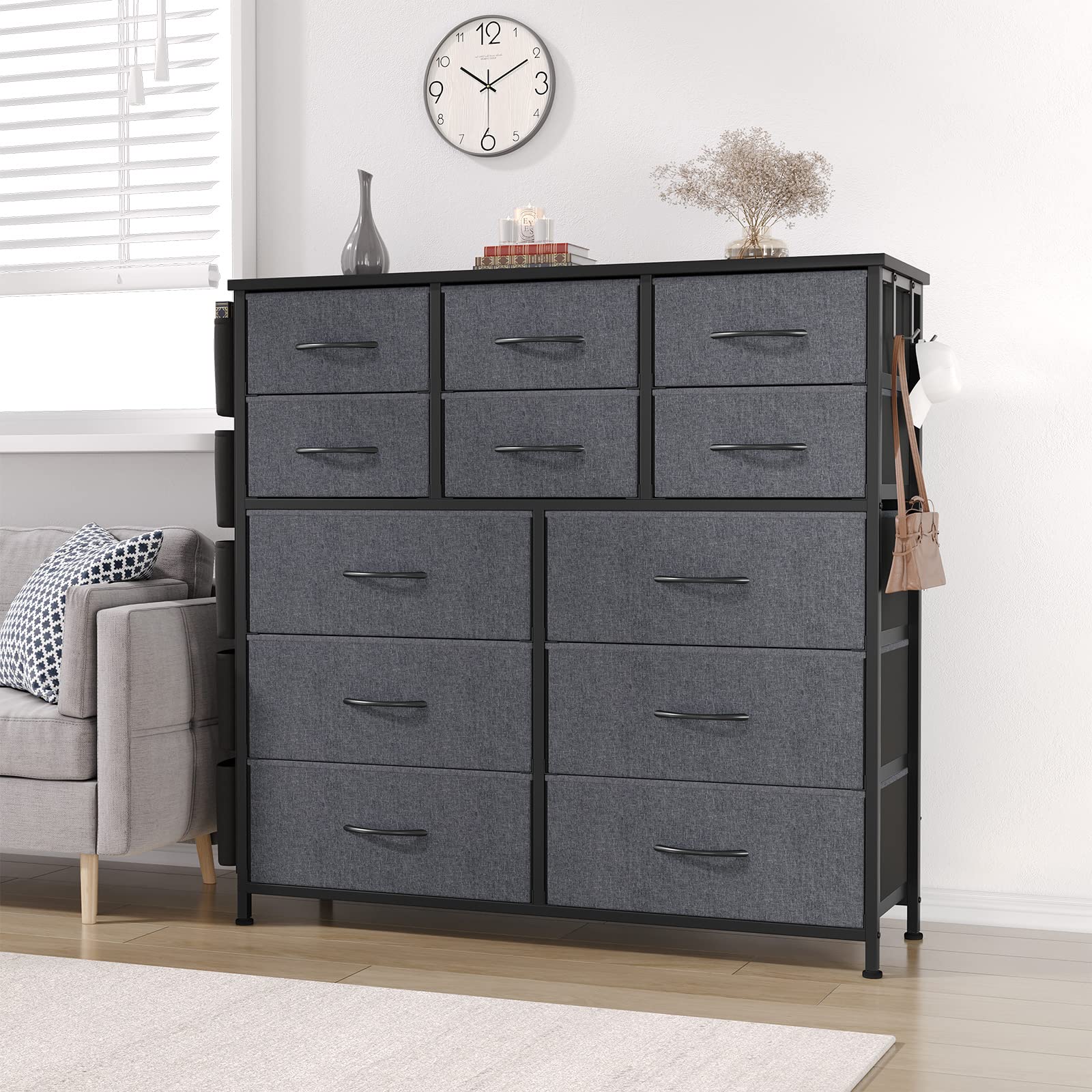 GARVEE 12 Drawer Dresser for for Bedroom, Fabric Dressers & Chest of Drawers Tall Dressers for Bedroom Closet, Clothes, Wooden Top, Sturdy Metal Frame (Dark Grey)