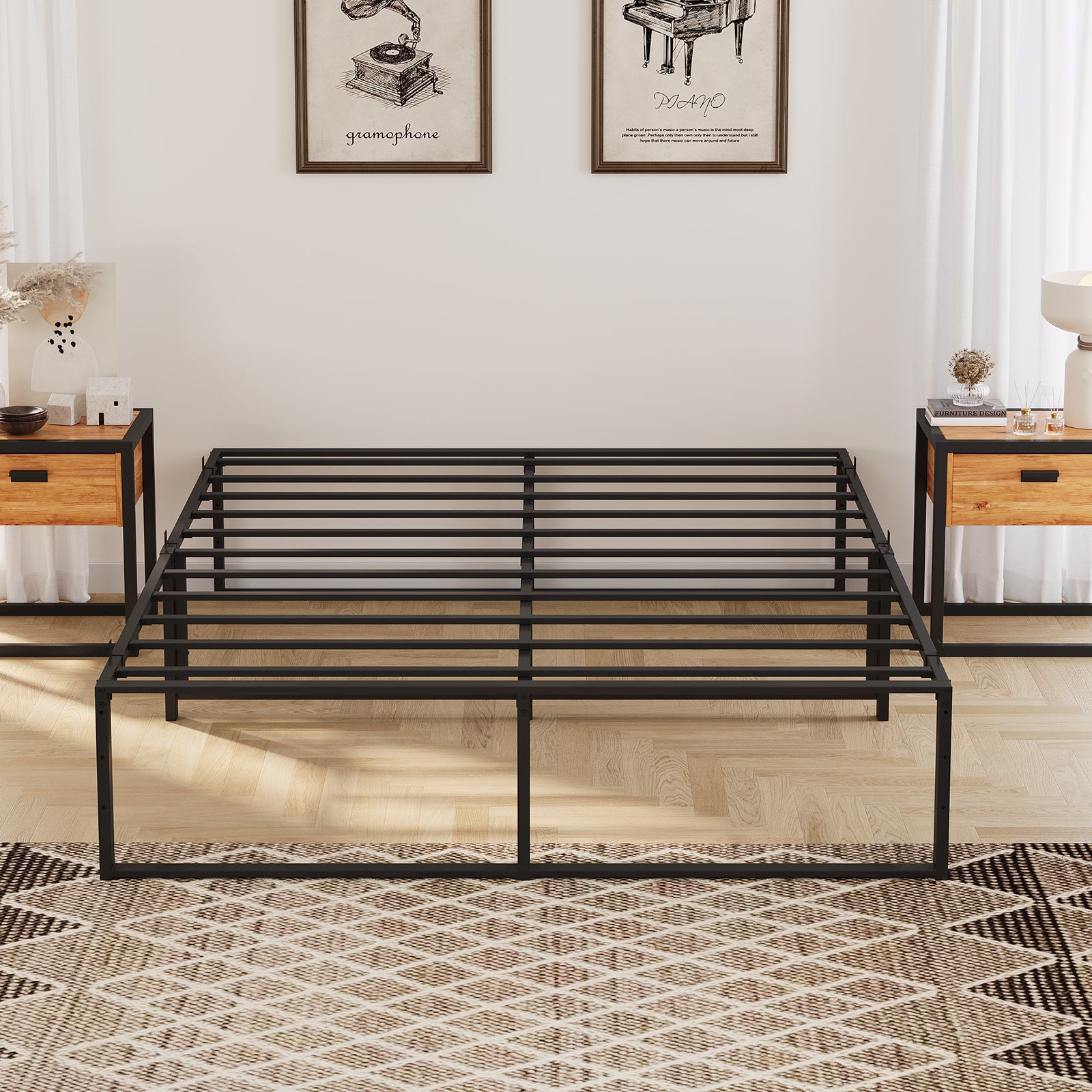 GARVEE 13.9 Inch Full Size Metal Bed Frame Heavy Duty Metal Platform with Steel Slat Support with Metal King Bed Platform with Wooden Headboard and Footboard Noise Free No Box Spring Needed