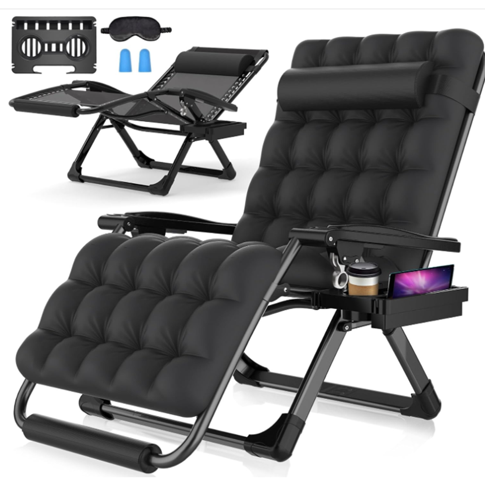 GARVEE Zero Gravity Lounge Chair, 33 inch Recliner Chair w/Removable Cushion, Headrest, Footrest, and Cupholder, Adjustable Folding Chairs for Outside and Inside, 440 lbs, Black