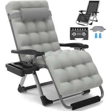 GARVEE Zero Gravity Lounge Chair, 33 inch Recliner Chair w/Removable Cushion, Headrest, Footrest, and Cupholder, Adjustable Folding Chairs for Outside and Inside, 440 lbs, Grey