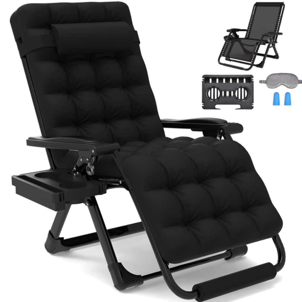 GARVEE Zero Gravity Lounge Chair, 26 inch Recliner Chair w/Removable Cushion, Headrest, Footrest, and Cupholder, Adjustable Folding Chairs for Outside and Inside, 440 lbs, Black