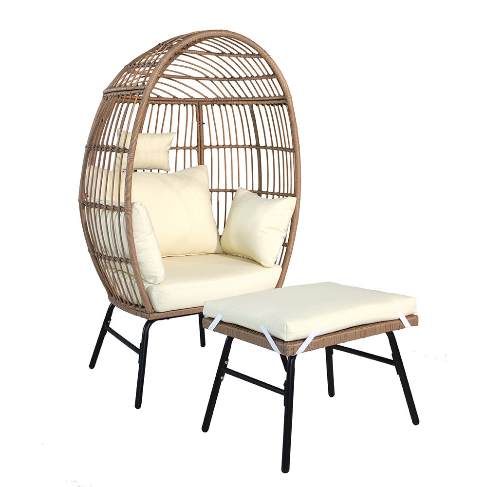 GARVEE Wicker Egg Chair with Ottoman, Comfy Egg Rattan Chair Egg Basket Lounge Chair with Thick Cusion for Indoor Outdoor Patio Porch Backyard, Beige