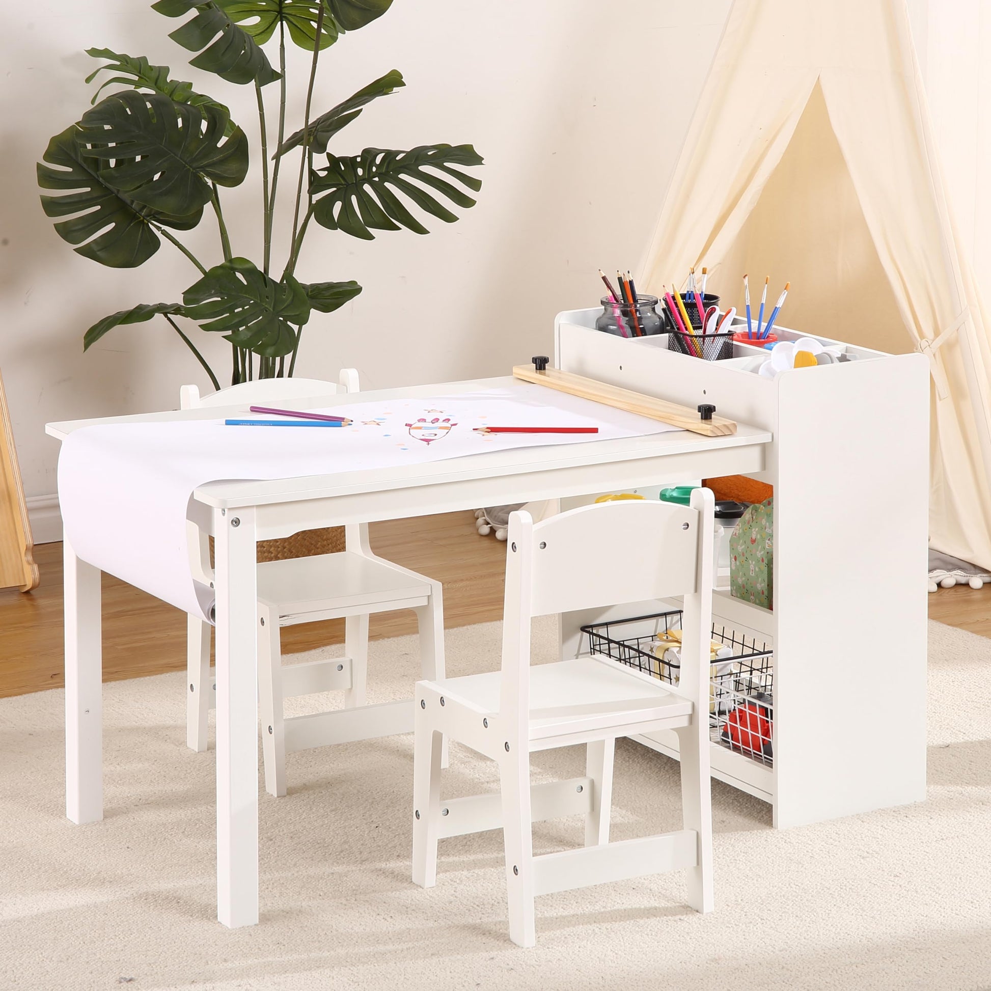 GARVEE Kids Art Table with 2 Chairs, Toddler Craft Play Wood Activity Desk with Large Storage Shelves,Wood Activity Desk for Writing Drawing Suitable for Nursery & Classroom - White