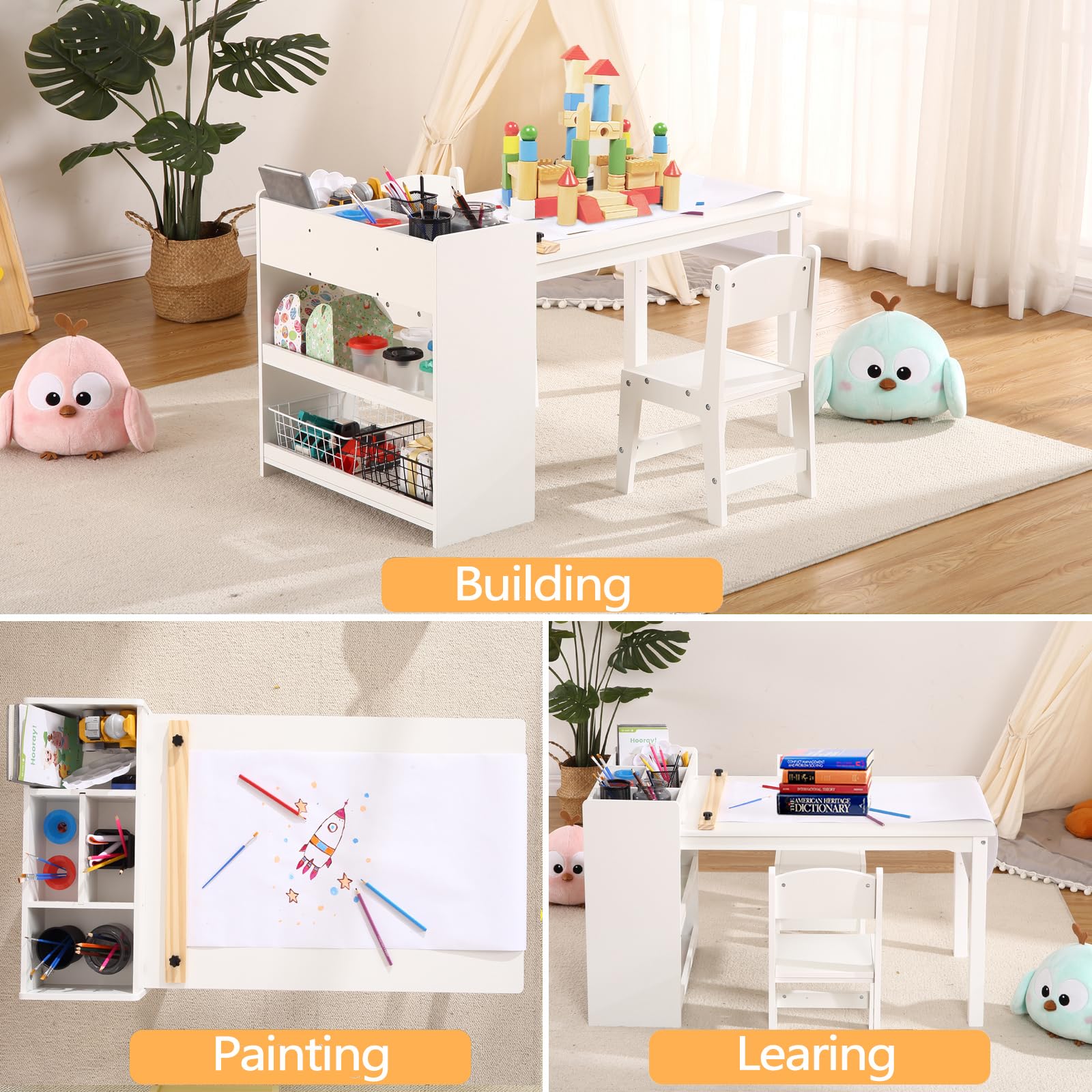 GARVEE Kids Art Table with 2 Chairs, Toddler Craft Play Wood Activity Desk with Large Storage Shelves,Wood Activity Desk for Writing Drawing Suitable for Nursery & Classroom - White