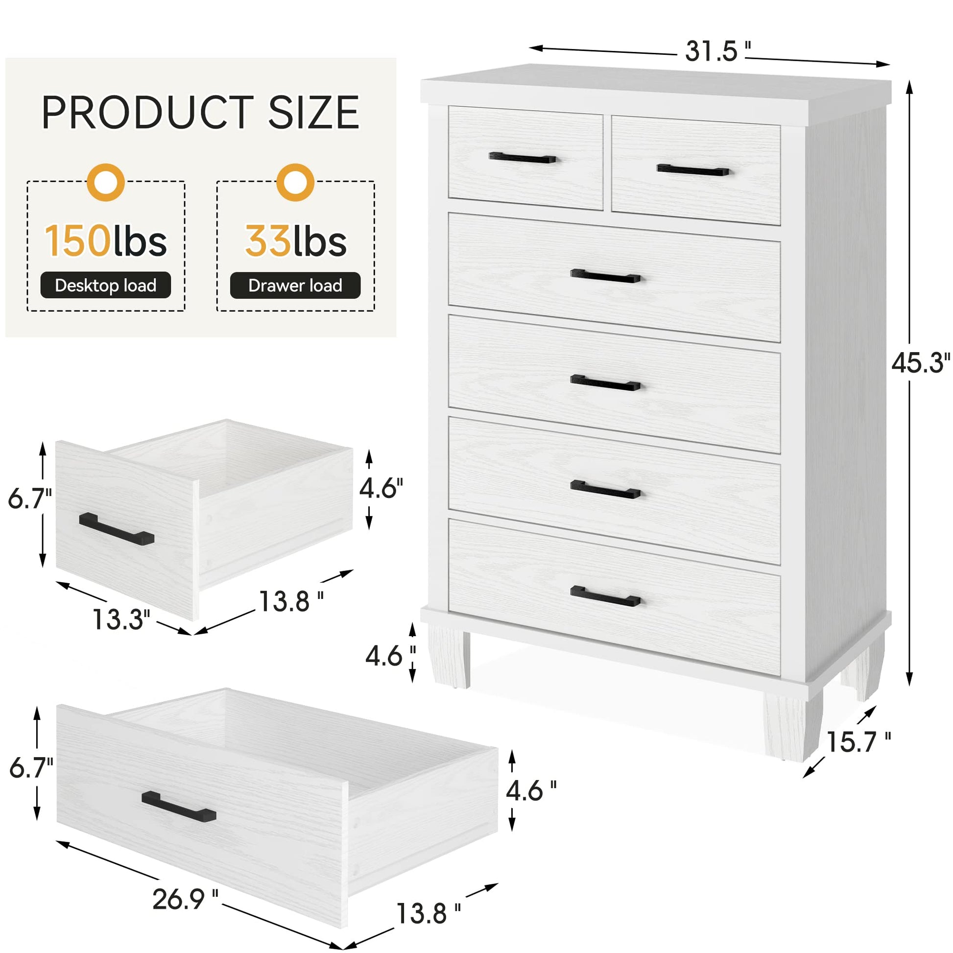 GARVEE 6 Drawer Dresser with Metal Handles, White Chest of Drawers Closet Organizers and Storage Clothes, Wood Drawer Dresser for Closet, Living Room, Hallway, Kids Room - White