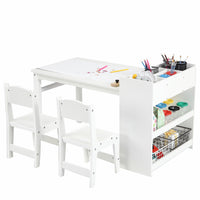 GARVEE Kids Art Table with 2 Chairs, Toddler Craft Play Wood Activity Desk with Large Storage Shelves,Wood Activity Desk for Writing Drawing Suitable for Nursery & Classroom - White