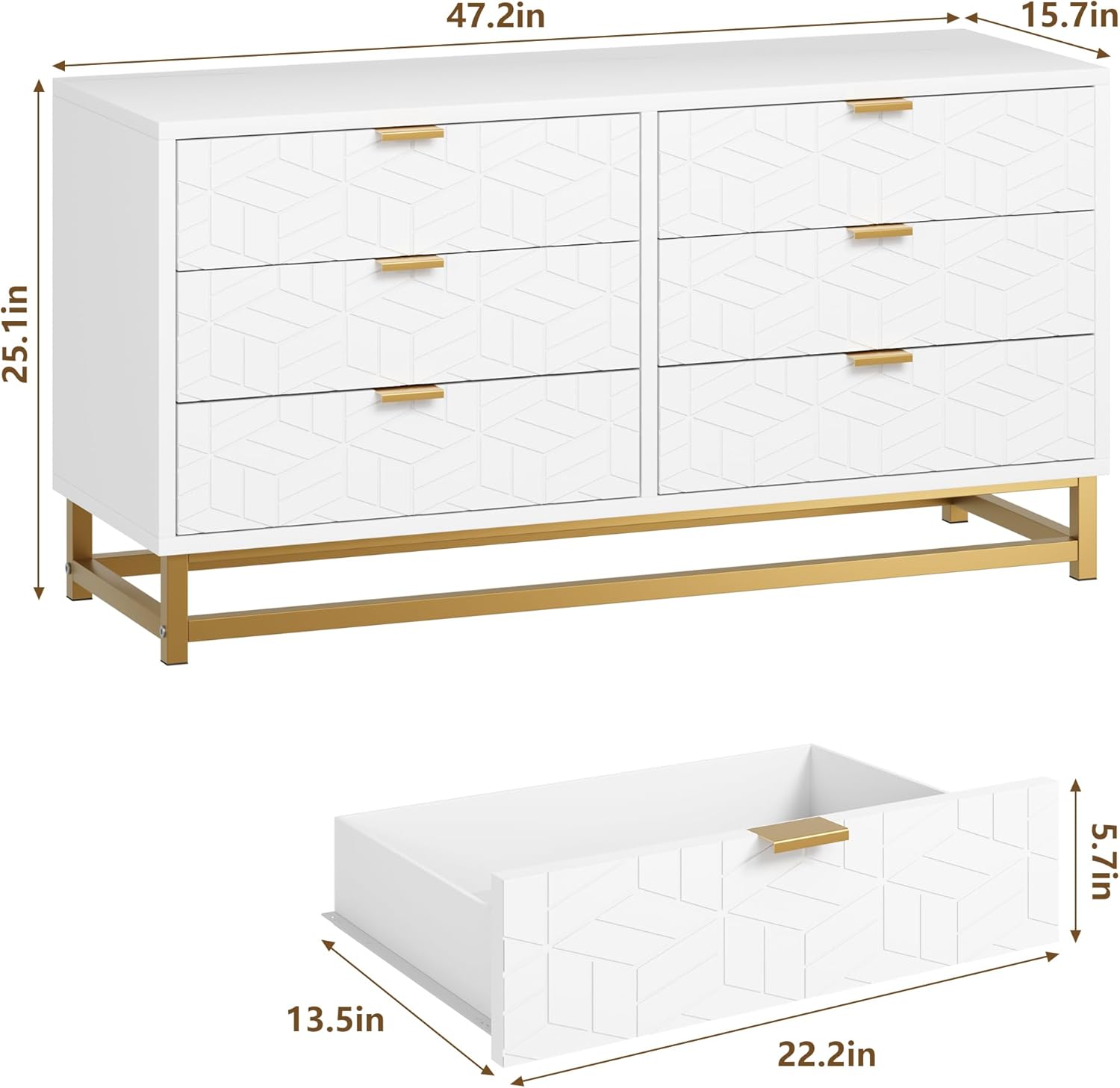 GARVEE White 6 Drawer Dresser for Bedroom, Chest of Drawers with Metal Base, Modern Dresser Chest Cabinet Organizer, Large Dresser for Living Room, Hallway, Closet