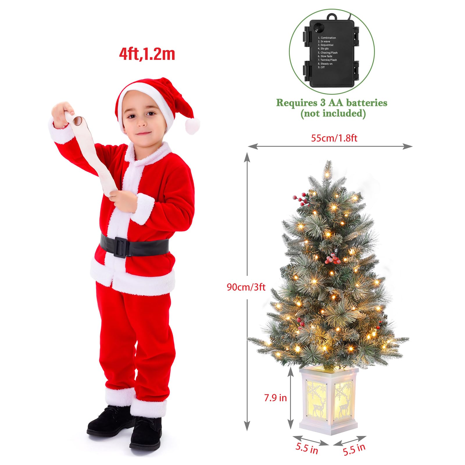 GARVEE 3 Ft Prelit Premium Snow Flocked Artificial Christmas Tree with 8 Mode Warm White Led, Mini Prelit Xmas Pine Tree for Christmas Decoration,Yard,Home,Office,Outdoor,Indoor