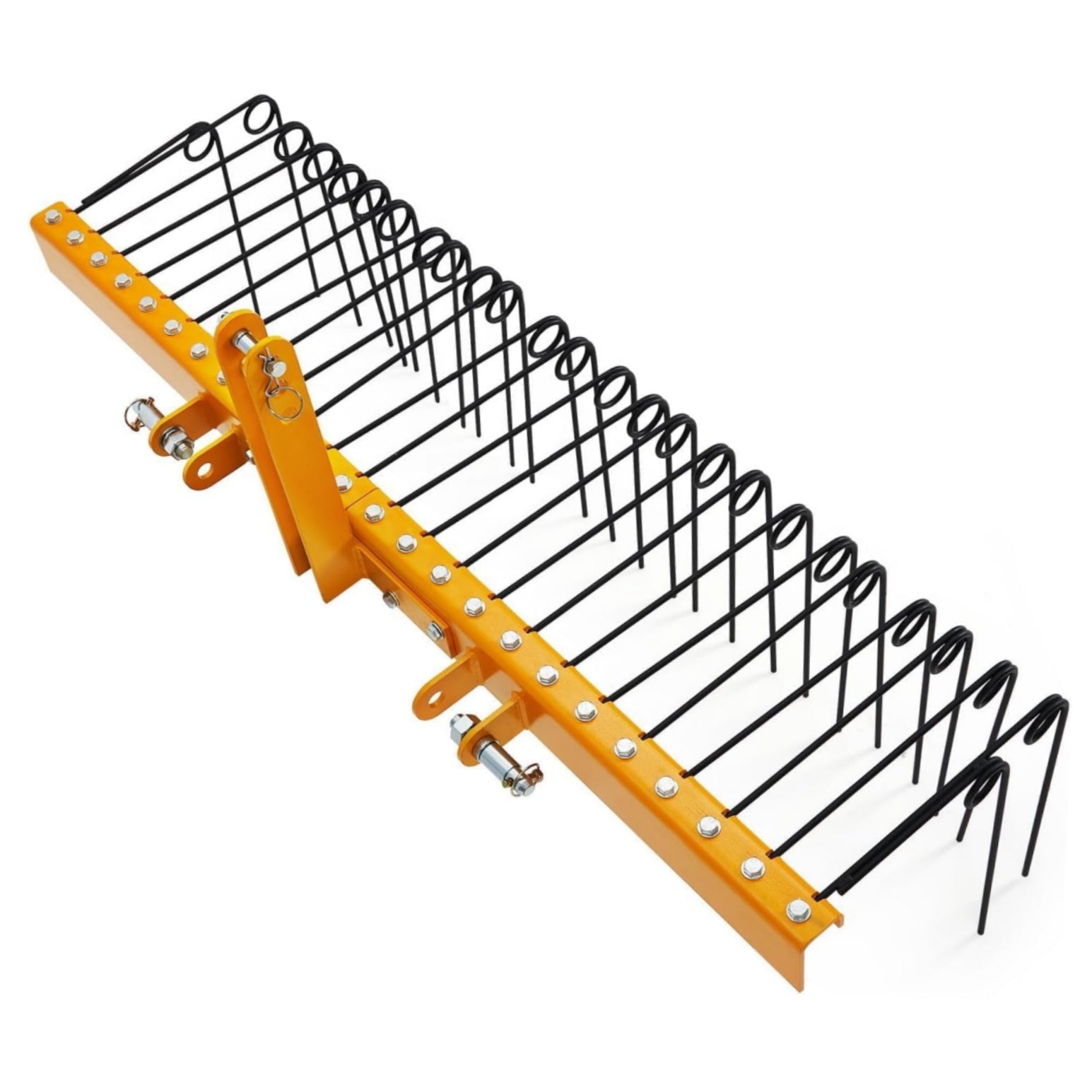 GARVEE Pine Straw Rake 60 Inch , 6mm Rake Needle, 26 Coil Spring Tines Durable Powder Coated Steel Tow Behind Landscape Rake with 3 Point Hitch Receiver Attachment Fit to Cat0 Cat 1 Tractors for Leaves Grass, Yellow