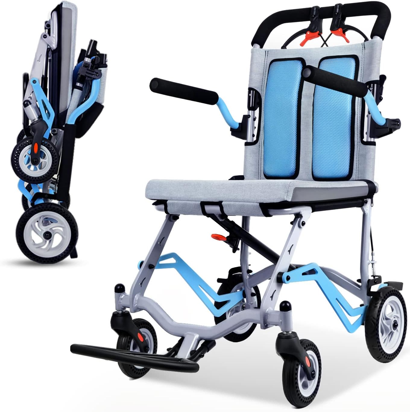 GARVEE Ultra Lightweight Elderly Transport Wheelchair Weighs Portable Lightweight Folding Transport Chair, with Locking Handbrake, Removable Flip Armrests, Swinging Footrests