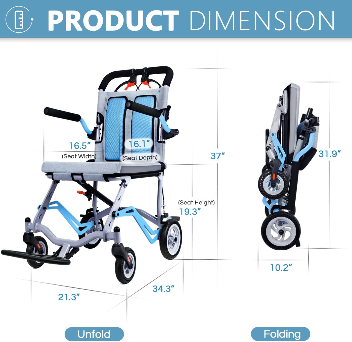 GARVEE Ultra Lightweight Elderly Transport Wheelchair Weighs Portable Lightweight Folding Transport Chair, with Locking Handbrake, Removable Flip Armrests, Swinging Footrests