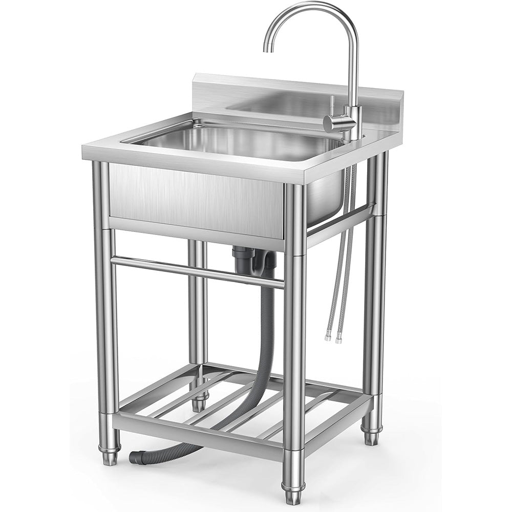 GARVEE Stainless Steel Utility Sink w Large Single Bowl, Commercial Kitchen Sink w Cold and Hot Water Pipe, Freestanding Stainless Steel Sink for Restaurant Laundry Room Bathroom Farmhouse Garage