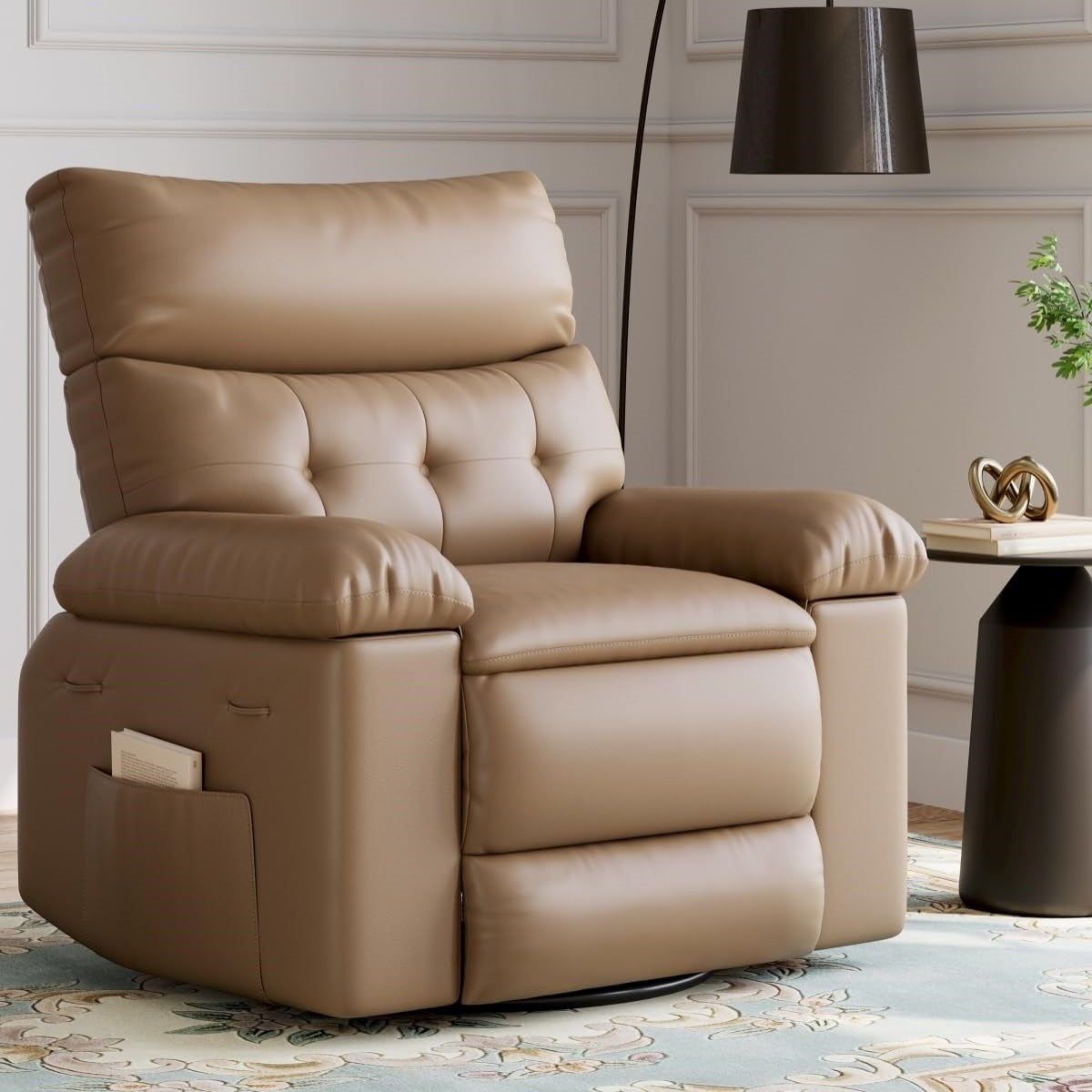 GARVEE Oversized Recliner Chairs with Heat and Massage - 360° Swivel Lazy Boy Recliner Chair for Adults- Manual Rocking Chair with Cup Holder for Living Rooms, Bedrooms, and Nurseries - Tan