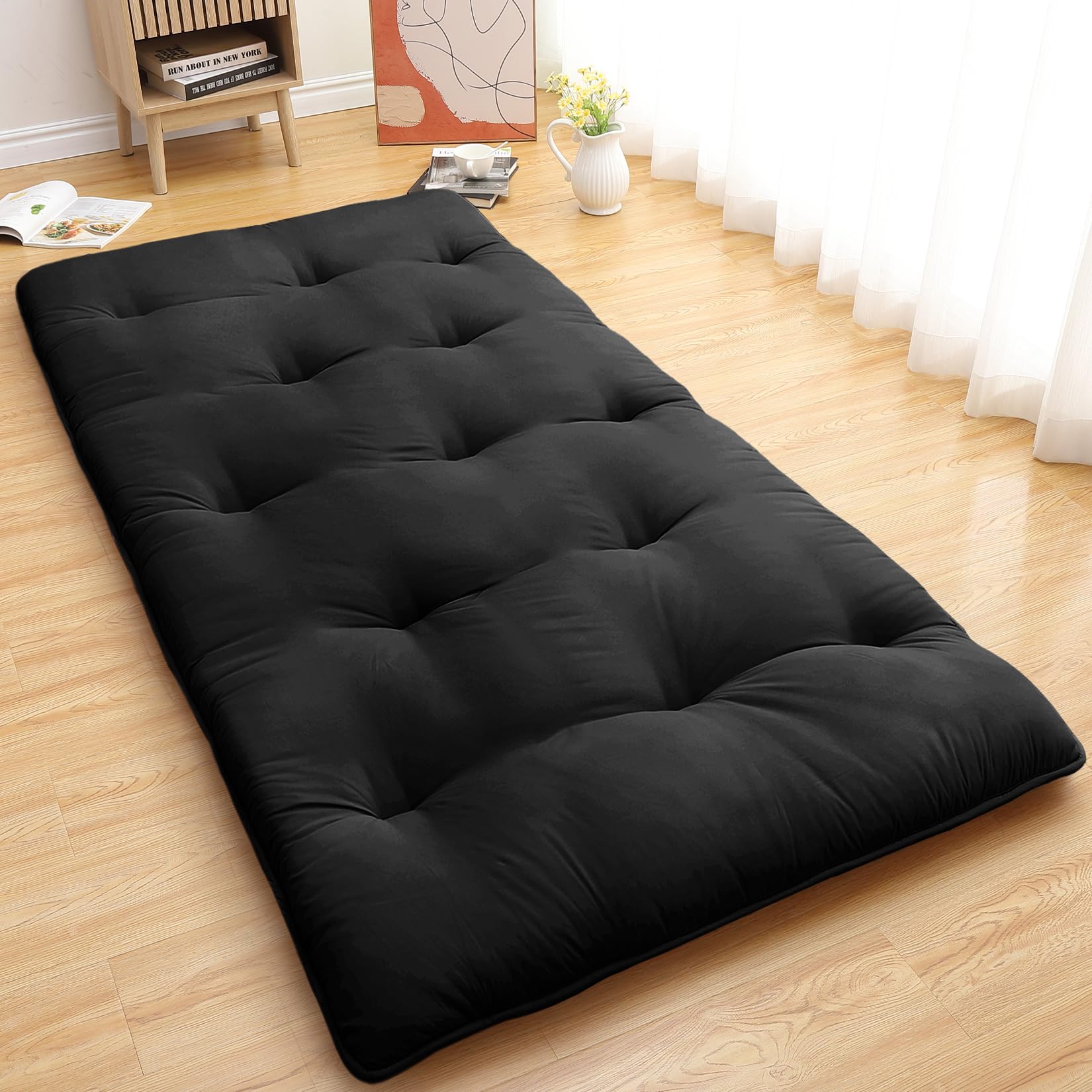 GARVEE Japanese Floor Mattress, Twin Size Futon Mattress 39"x 80", Foldable Floor Bed Mattress Roll Up Portable Sleeping Pad, Kids Floor Play Mat Tatami Mat, Black