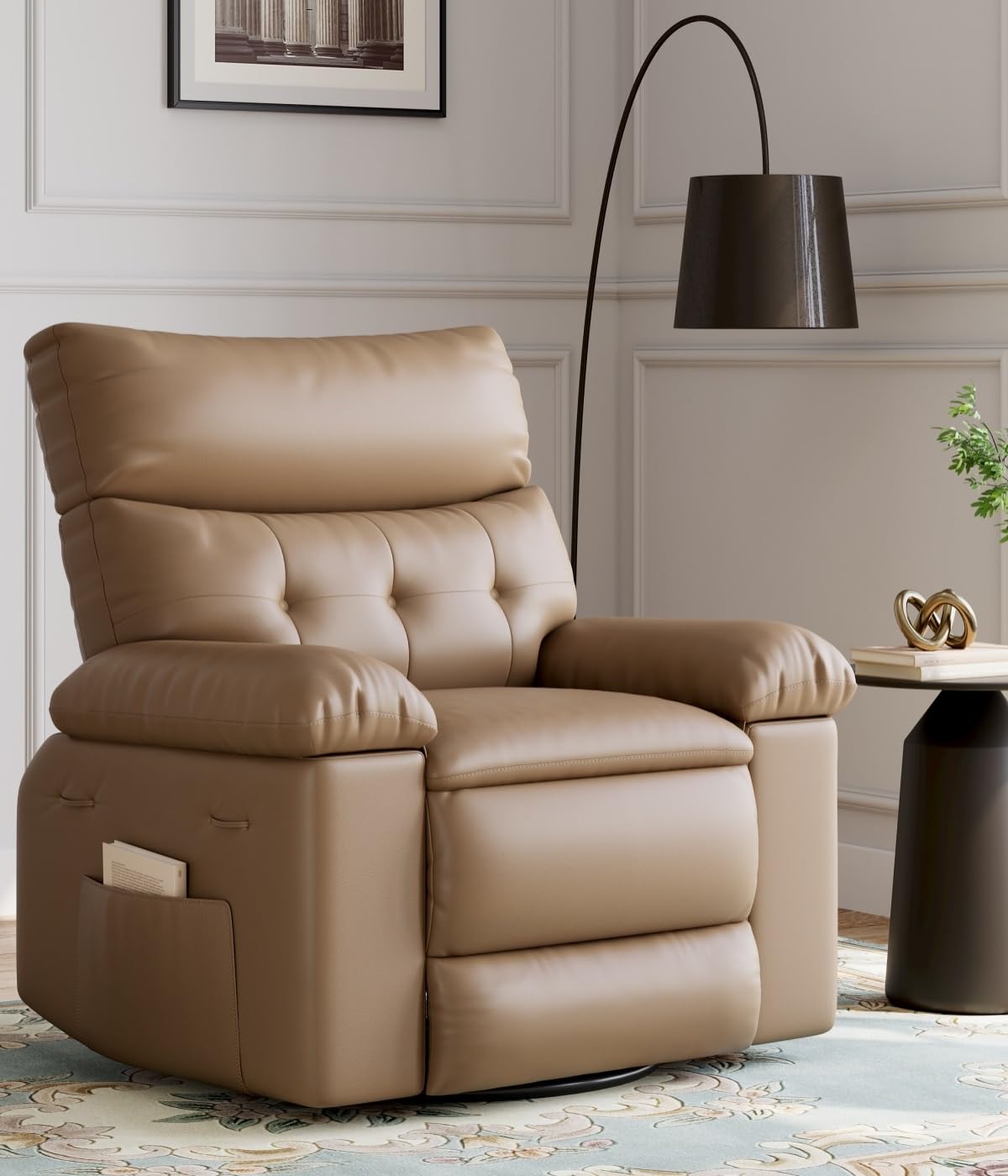 GARVEE Oversized Recliner Chairs with Heat and Massage - 360° Swivel Lazy Boy Recliner Chair for Adults- Manual Rocking Chair with Cup Holder for Living Rooms, Bedrooms, and Nurseries - Tan