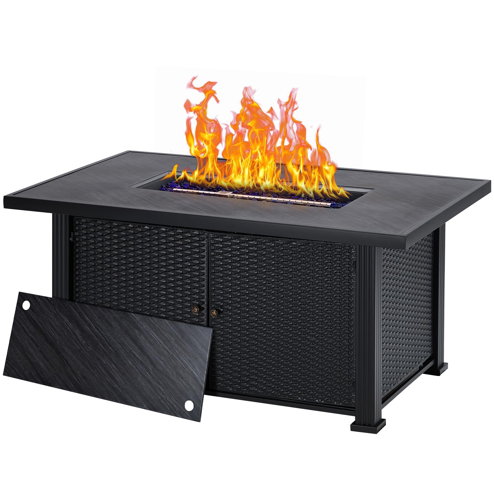 GARVEE 57 Inch Gas Fire Pit Table, 50,000 Btu Outdoor Propane Fire Pit with Lid, Rain Cover, Volcanic Rocks, Rectangular Fire Table for Outside Garden, Patio, Yard, Metal Fence Surface