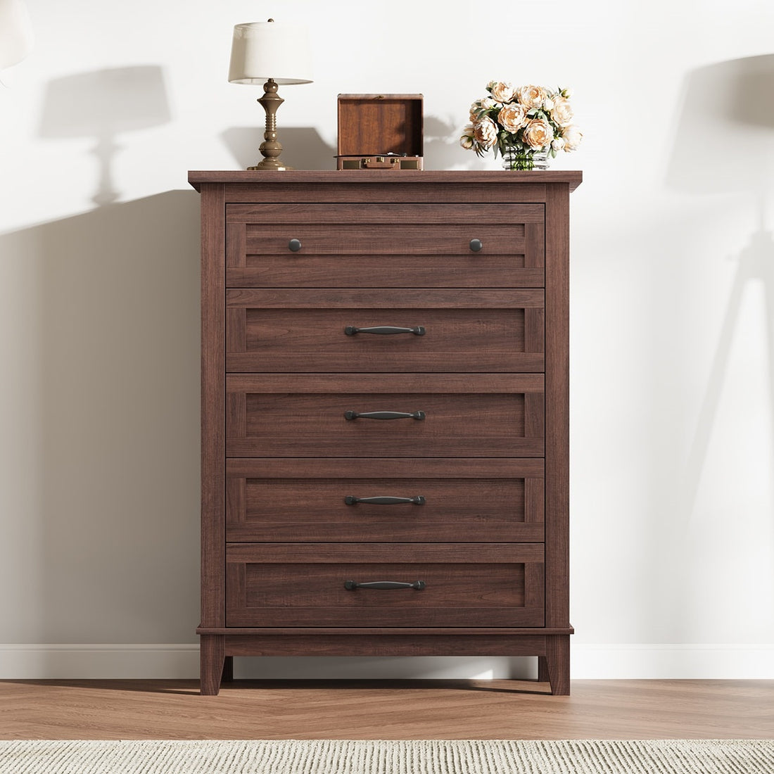 GARVEE 5 Dresser for Bedroom, 41" Tall Dresser, Vertical Drawer Dresser with Storage Freestanding, Wooden Closet Dresser Storage Dresser Chest for Living Room, Bedroom, Entryway, Walnut